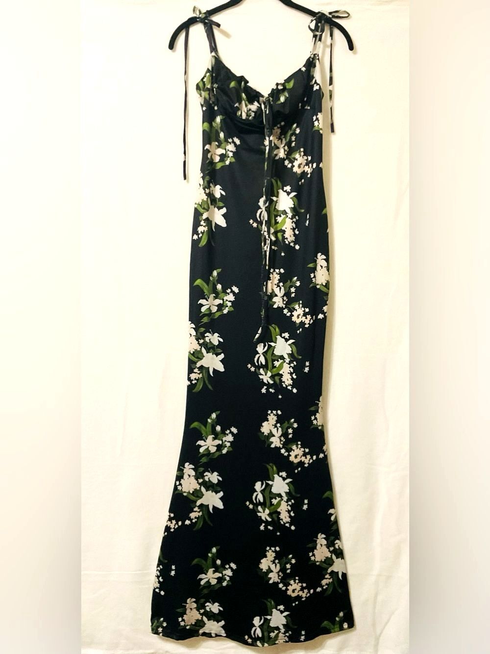 Parthea Floral Ruched Tie Strap Maxi Dress S Small Black Cottagecore Prom Evenin